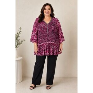 Catherines 3X Pink Black Batik Pleated Blouse Beaded V-Neck Plus Size Top